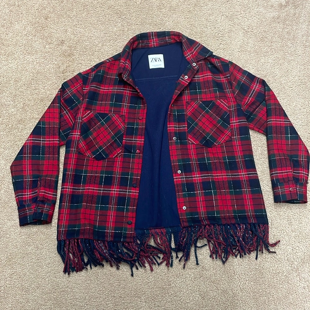 Zara women oversized fringe flannel. XS